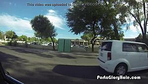 Porta gloryhole pumps redhead’s mouth full of cum in public