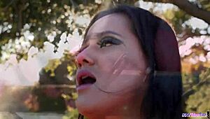 Stockinged milf babe savors cock in outdoor fantasy scene