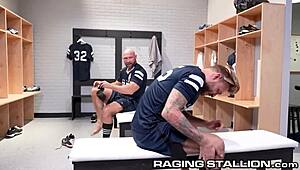 muscled jocks take turns riding the fuck train, licking asses and face fucking