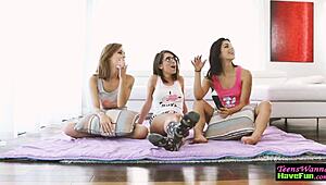 amateur teen 18+ gets covered in jizz at wild party foursome with oral and facials