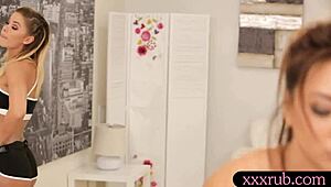 Asian beauty makes out with hot masseuse on the desk 😘