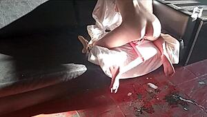 Sissy spies on mature woman bathing