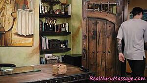 wam massage babe laps up jizz in steamy group session