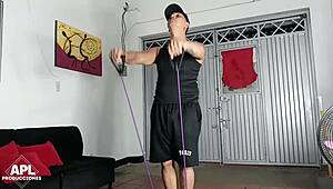 gym instructor helps with intense cardio workout for busty brunette