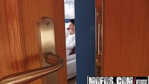 Pervs on patrol, gorgeous brunette rides her voyeur starring Arian Joy