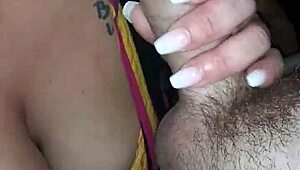 Great blowjob from luscious lipped girlfriend with big tits sucking monster cock