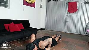 gym instructor helps with intense cardio workout for busty brunette