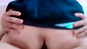 Plump Asian whore rides boyfriend in bedroom, tight pussy creampie! 😏