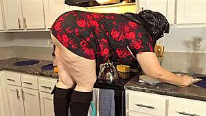 Big ass real estate agent flashes panties in short mini dress during property checks. This hot BBW milf maid keeps legs open while cleaning.