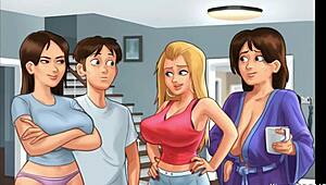 I watch her and her slutty friend show off big perky boobs in cheerleader uniforms.