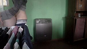 latina milf couple fucking in kitchen by heater