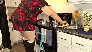 Big ass real estate agent flashes panties in short mini dress during property checks. This hot BBW milf maid keeps legs open while cleaning.