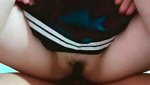 Plump Asian whore rides boyfriend in bedroom, tight pussy creampie! 😏