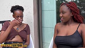 African Bisexual Lesbians and Boyfriend's Big White Cock in Wild Threesome