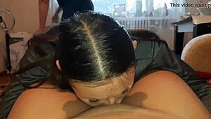 My girlfriend licked me while the cleaner scrubbed the floor nearby.