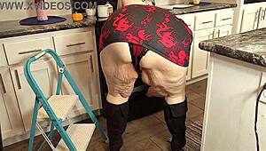 Big ass real estate agent flashes panties in short mini dress during property checks. This hot BBW milf maid keeps legs open while cleaning.