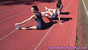 Athletic lesbian teens finger and orally pleasure at party.