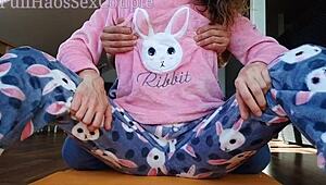 stepdad can’t stop teasing stepdaughter’s wet pussy and small tits in pajamas