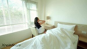 Big Tits Asian Amateur Masturbates Quietly in Dorm, Then Boldly Wakes Roommate for Intense Fuck