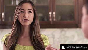 Modern-Day Sins: Asian Teen Upskirt Teases Neighbor for First Pussy Peek