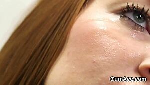 unusual stunner gets cum load on face gulping all jizm