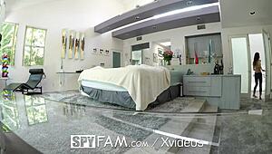 Spyfam step sister casually enters step bro bedroom for monster cock blowjob and facial