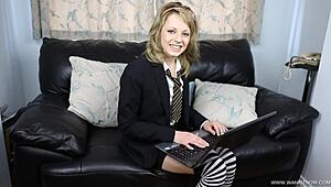 Cute Blonde in College Uniform Strips and Fingers Her Wet Slit