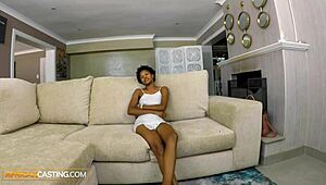 Skinny ebony babe discovers joys of big white cock