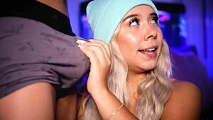 Horny blonde seduces cock close to camera