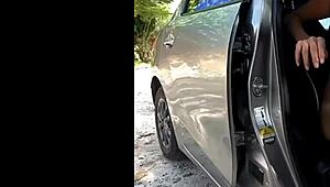 Thai Ladyboy Pees and Strokes Solo in Public Car