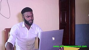 'Threesome fucking fantasy: Does the businessman in office get ebony lesbian action?'