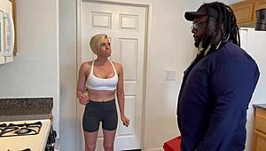 A petite 18+ woman helps the maintenance man relax with a cool drink in this free preview.