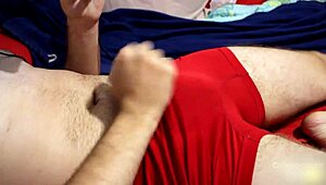 guy in underwear uses two vibrators for solo orgasm