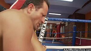 I-I mean, busty blonde boxer licks huge cock during workout 😅