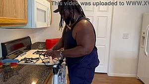 A petite 18+ woman helps the maintenance man relax with a cool drink in this free preview.