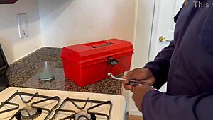 A petite 18+ woman helps the maintenance man relax with a cool drink in this free preview.