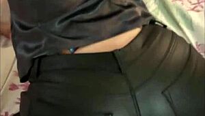 French amateur flaunts leather pants and satin lingerie in pov.