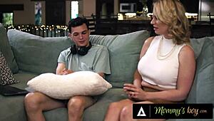 Busty milf Rachael Cavalli gets aroused catching a sex addict guy masturbating.