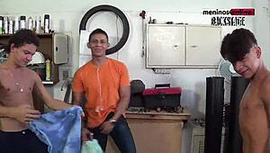 Bastidores - Rodrigo, Bruno, and Lucas Angel in Hot Backroom Gay Action