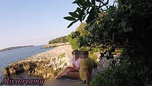 teen teacher sneaks a blowjob on croatia's public beach - risky with crowds near - misscreamy
