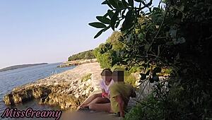 teen teacher sneaks a blowjob on croatia's public beach - risky with crowds near - misscreamy