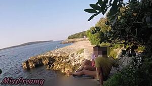 teen teacher sneaks a blowjob on croatia's public beach - risky with crowds near - misscreamy