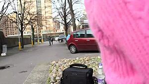 british girl flashing in jeans outdoors