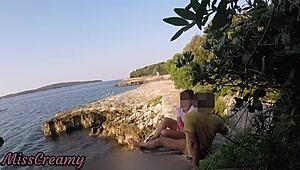 teen teacher sneaks a blowjob on croatia's public beach - risky with crowds near - misscreamy