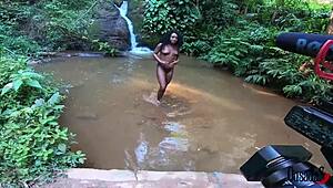 check out this ebony teen making hot outdoor content by the stream!