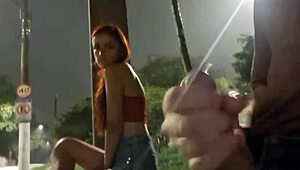 guy risks public masturbation for hot redhead at bus stop