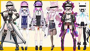 Hololive characters perform energetic poke dances in 3D cartoon style.