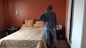 hidden camera catches my wife’s sexy stepmother dressing up and groping her own tits