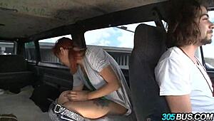 super hot redhead gets fucked on the bus for cash