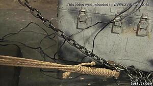 A blonde BDSM submissive is flogged while wearing sexy lingerie